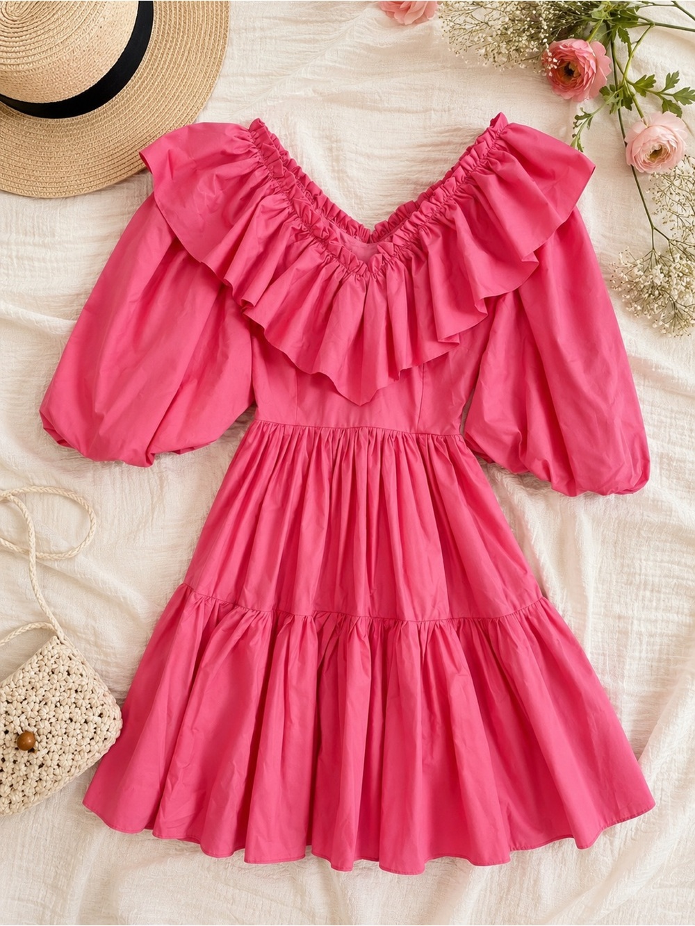 Beulah Style Pink Ruffle Mini Dress Size Small Puff Sleeve